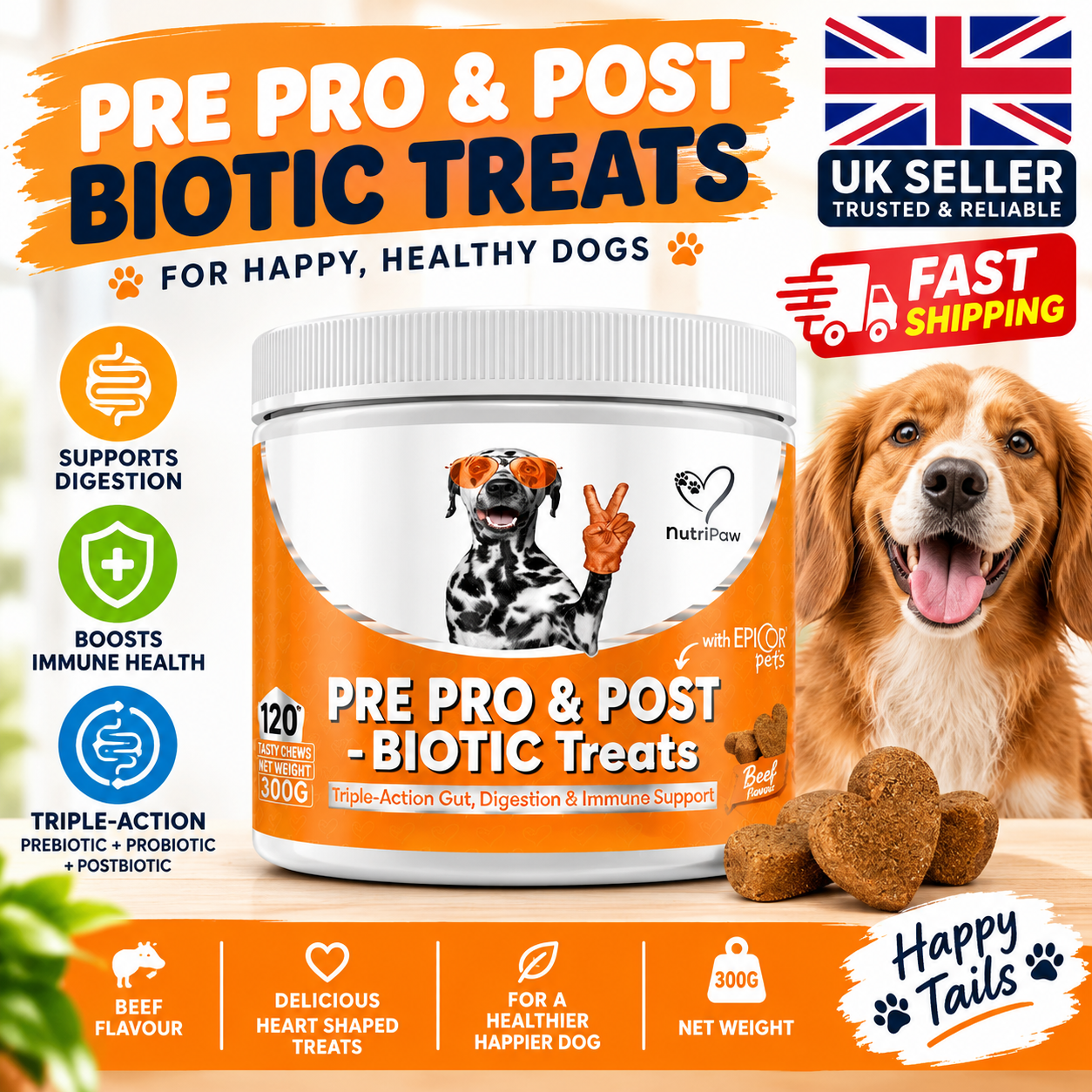 69aba236-d8cd-4aa2-95df-4b520dffb4b8 Pre Pro Post Biotic Dog Treats 300g – Beef Flavour Gut Digestion & Immune Support - Image 1