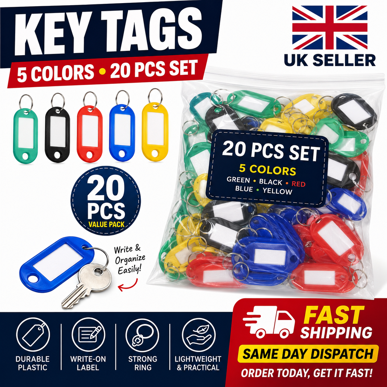 d1448538-6bf5-47a9-8f17-93c620888e9b Keychain (20-Pcs) – 5 Assorted Colors (Red, Green, Yellow, Blue & Black) - Image 1