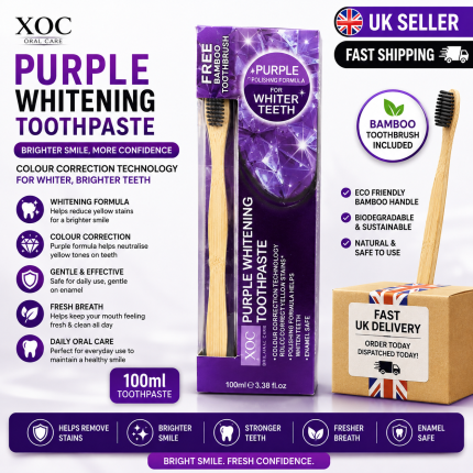 XOC Purple Whitening Toothpaste 100ml – Teeth Whitening & Brightening Toothpaste with Bamboo Toothbrush