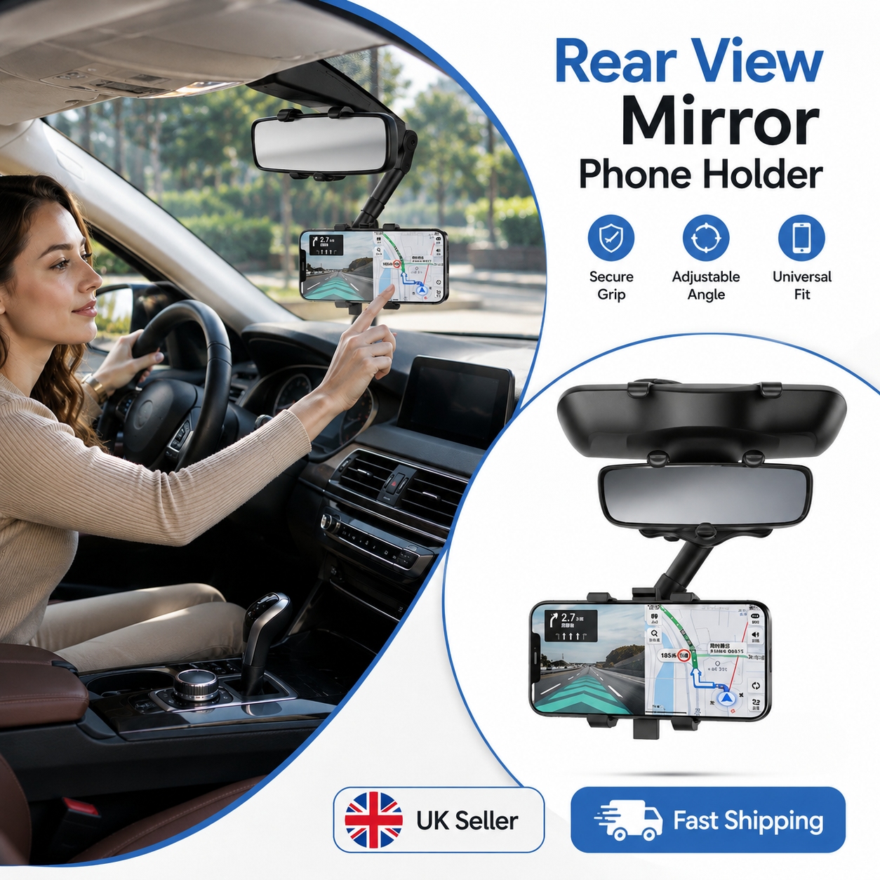 image-1 Universal Car Rear View Mirror Phone Holder – 360° Adjustable Smartphone Mount - Image 1