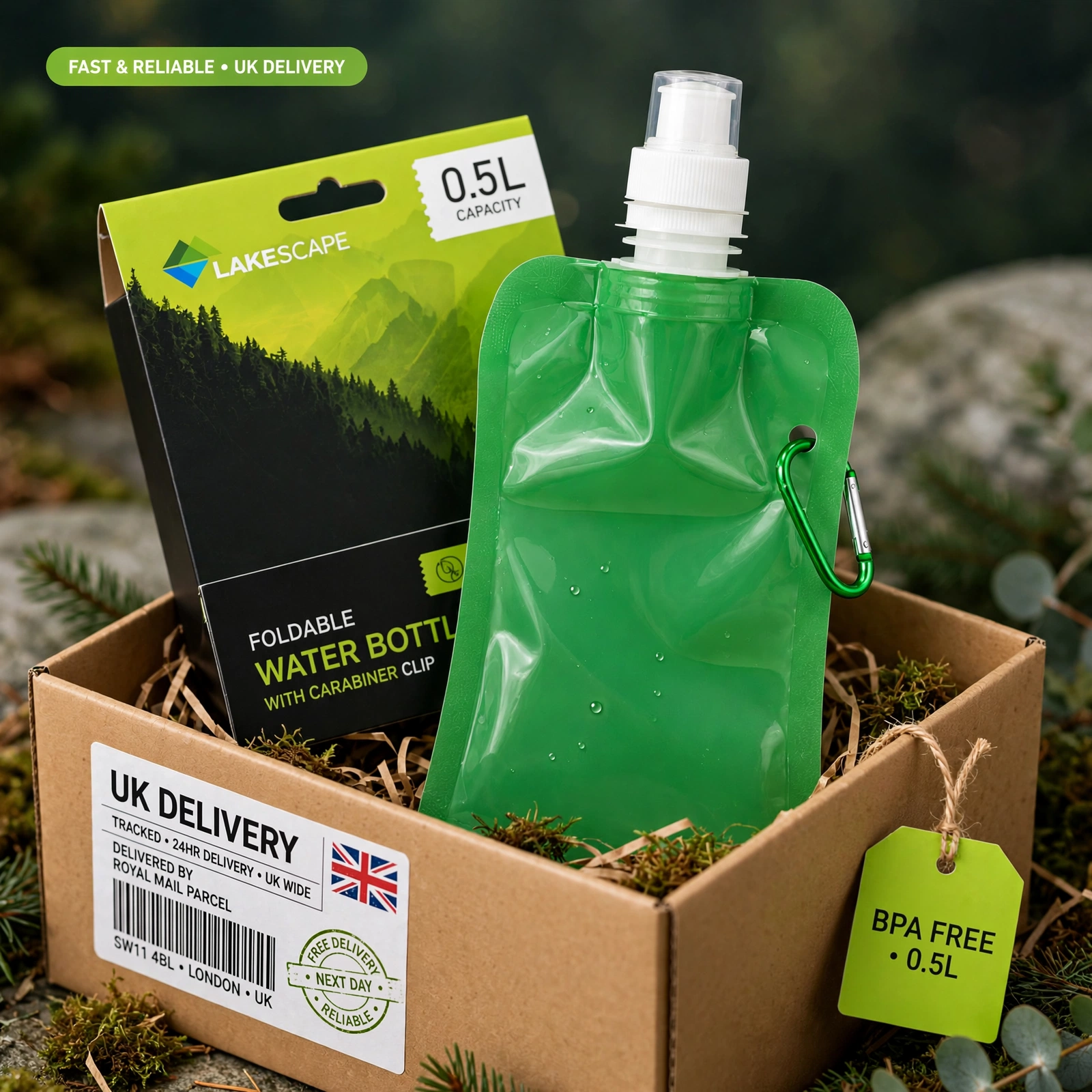 lakescape_hero_shot 0.5L Foldable Water Bottle with Carabiner Clip – BPA-Free, Leak-Proof & Lightweight Reusable Bottle for Travel, Hiking, Gym & Outdoor Adventures - Image 1