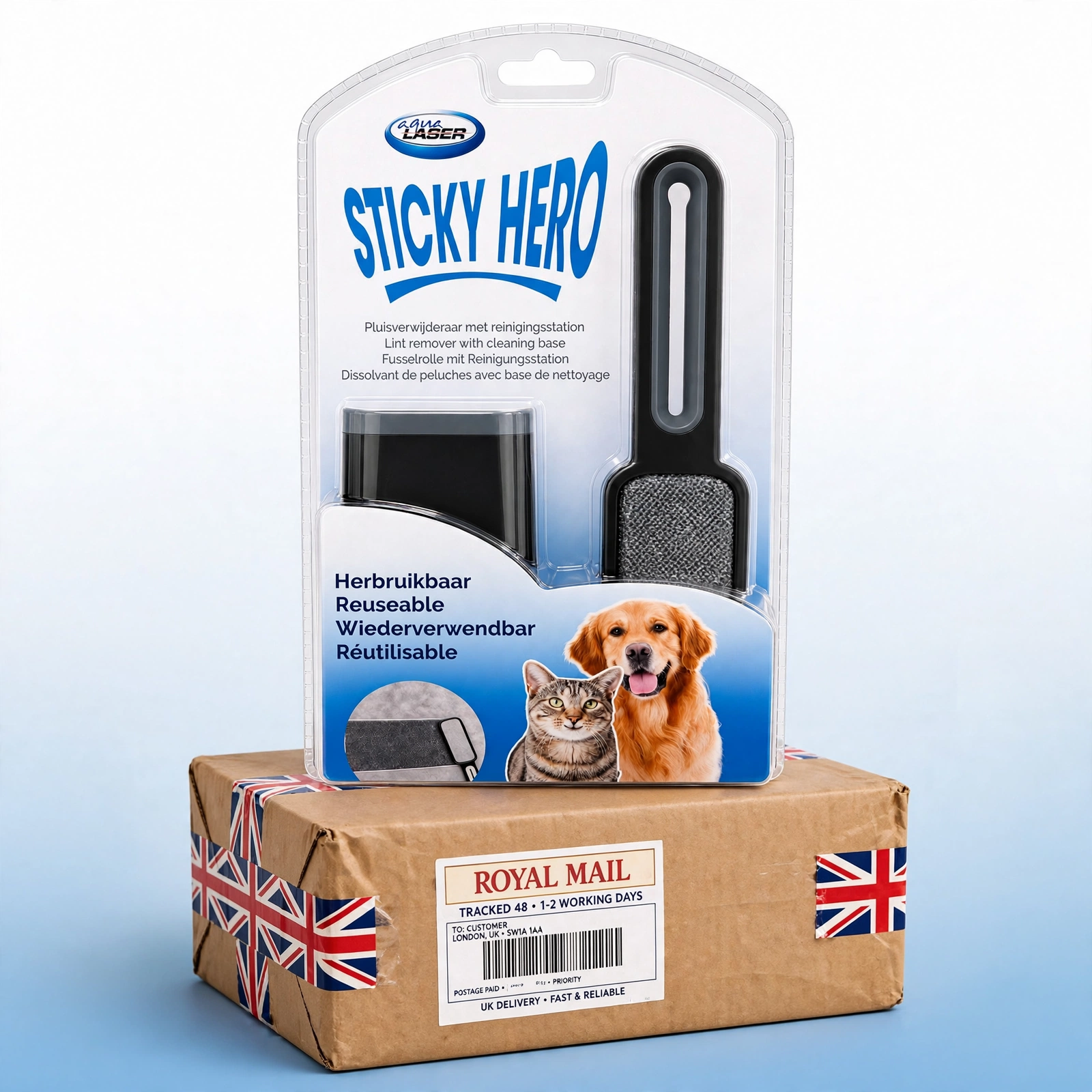 sticky_hero_parcel_hero Sticky Hero Reusable Lint Remover with Cleaning Base – Pet Hair & Fabric Cleaner - Image 1